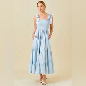 Mainstrip Sky Blue Smocked Maxi Dress with Tie Straps Size Small
